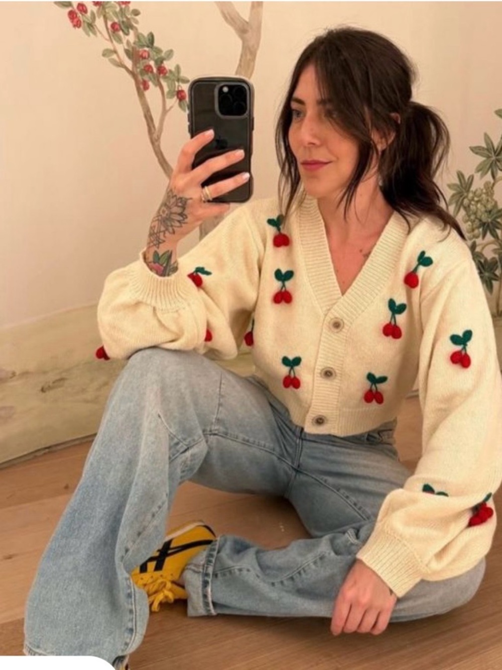 FARM Rio Cream Cropped Cardigan with Red Cherry Embroidery